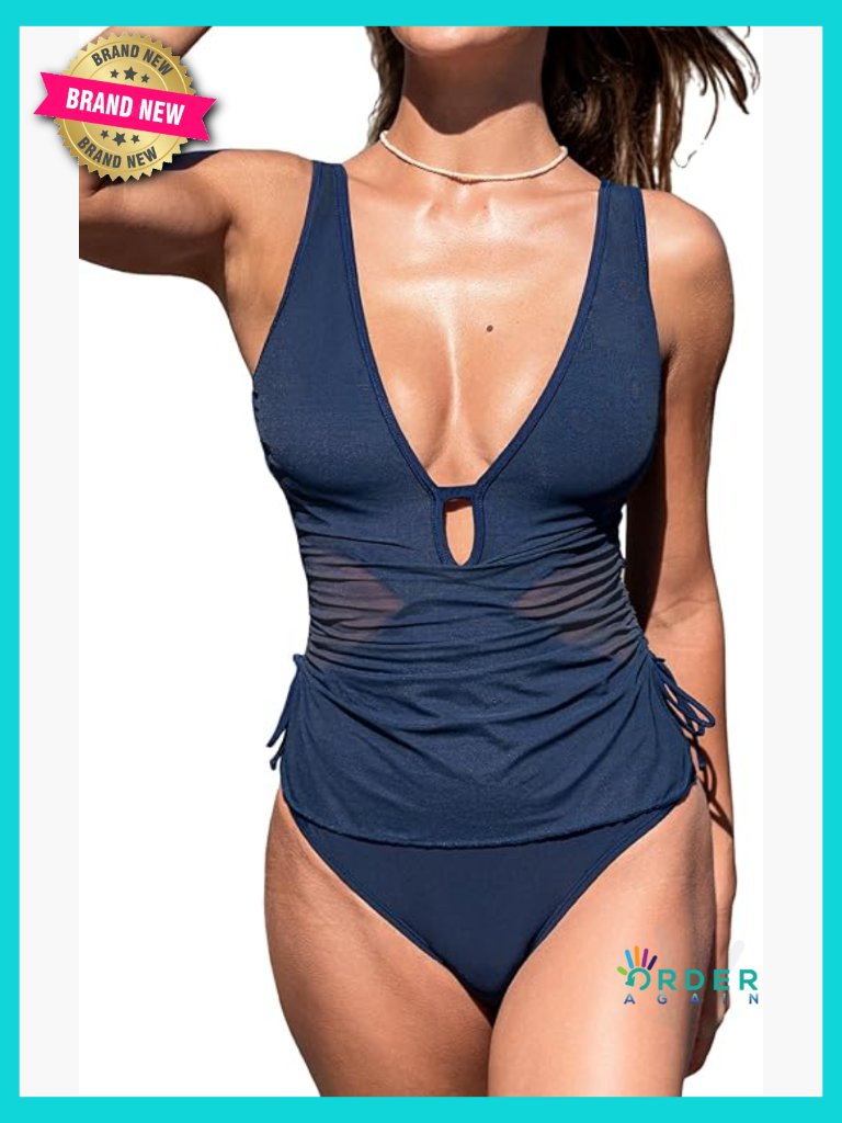 One Piece Swimsuit Keyhole Deep V Neck Mesh Ruching Tummy Control
